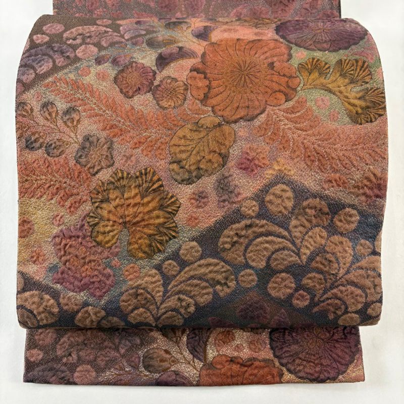 袋帯 秀品 纐纈 辻が花 金糸 箔 小豆色 お太鼓柄 正絹｜中古・古着