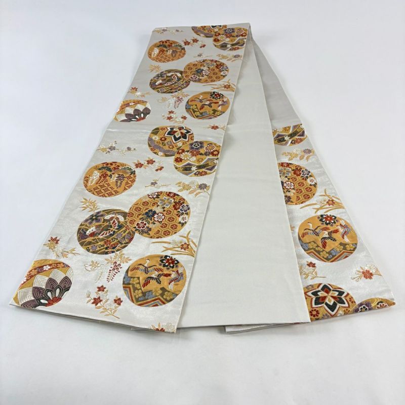 袋帯 秀品 丸文 花鳥 刺繍 金糸 銀色 六通 正絹｜中古・古着