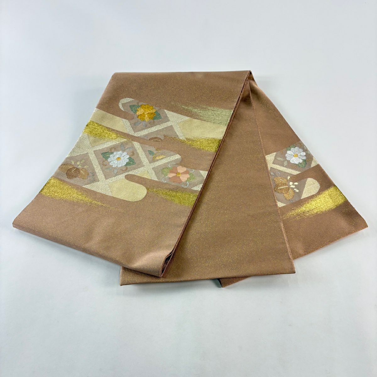袋帯 秀品 草花 ヱ霞 金銀糸 箔 薄茶色 お太鼓柄 正絹｜中古・古着