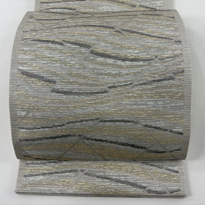 美品】 袋帯 秀品 斜め格子 幾何学模様 箔 灰色 六通 正絹｜中古・古着