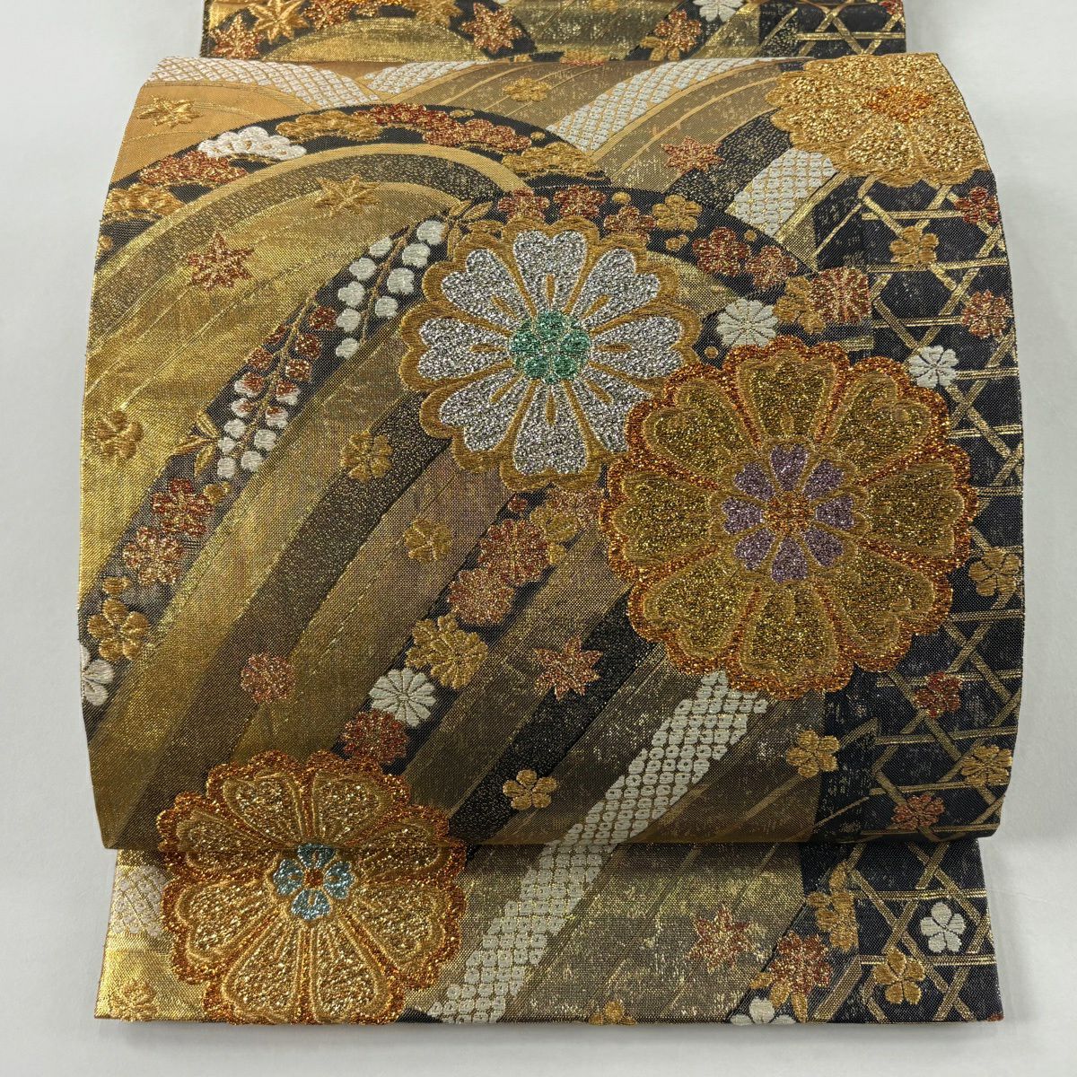 美品】 袋帯 秀品 若松 金糸 ラメ糸 サーモンピンク 六通 正絹｜中古