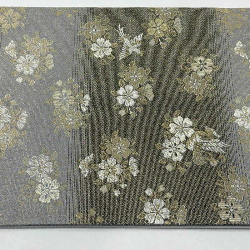 美品】 袋帯 秀品 桜 鳥 金銀糸 黒灰 六通 正絹｜中古・古着