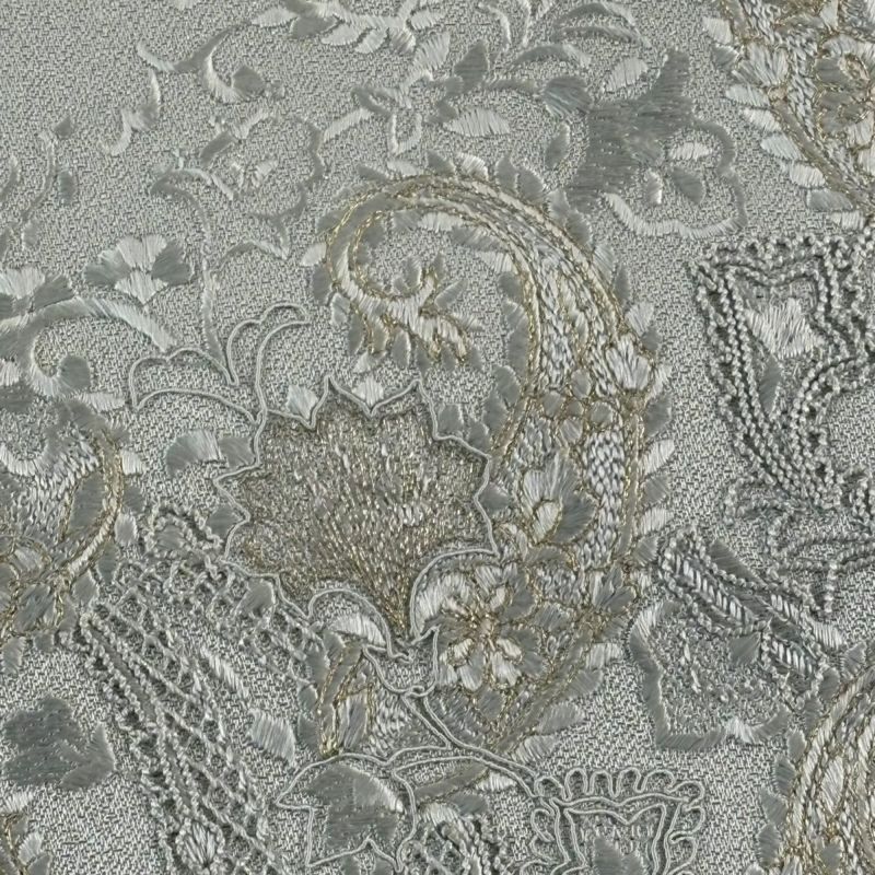 総刺繍 ドロンワーク 袋帯 銀通し 葡萄唐草 唐花 銀糸 お太鼓柄 Q925 総刺繍 ドロンワーク 袋帯 銀通し 葡萄唐草 唐花 銀糸 お太鼓柄 Q925