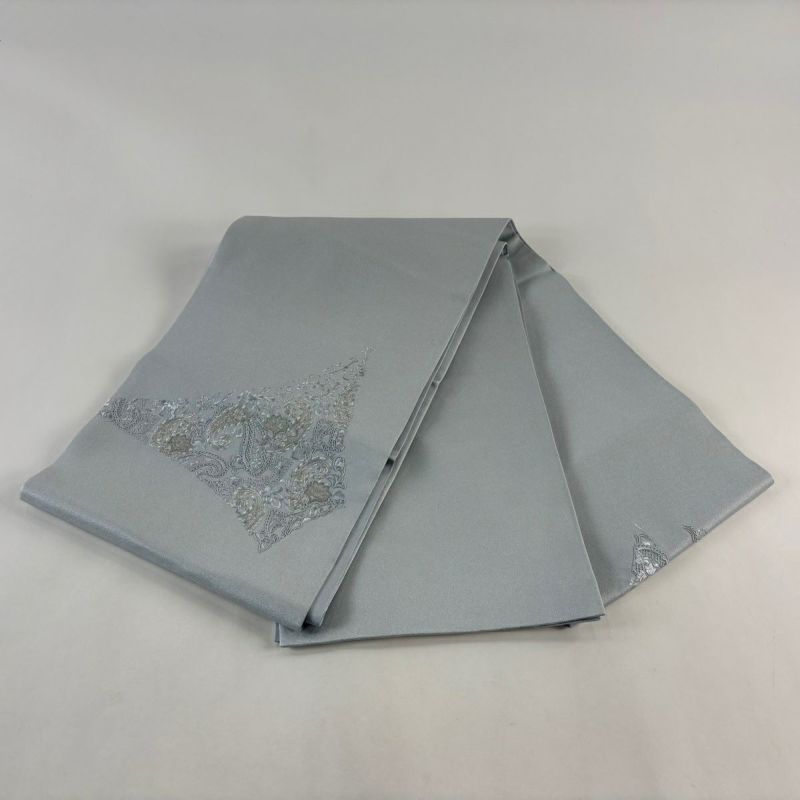 袋帯 秀品 草花 金銀糸 刺繍 水色 お太鼓柄 正絹｜中古・古着