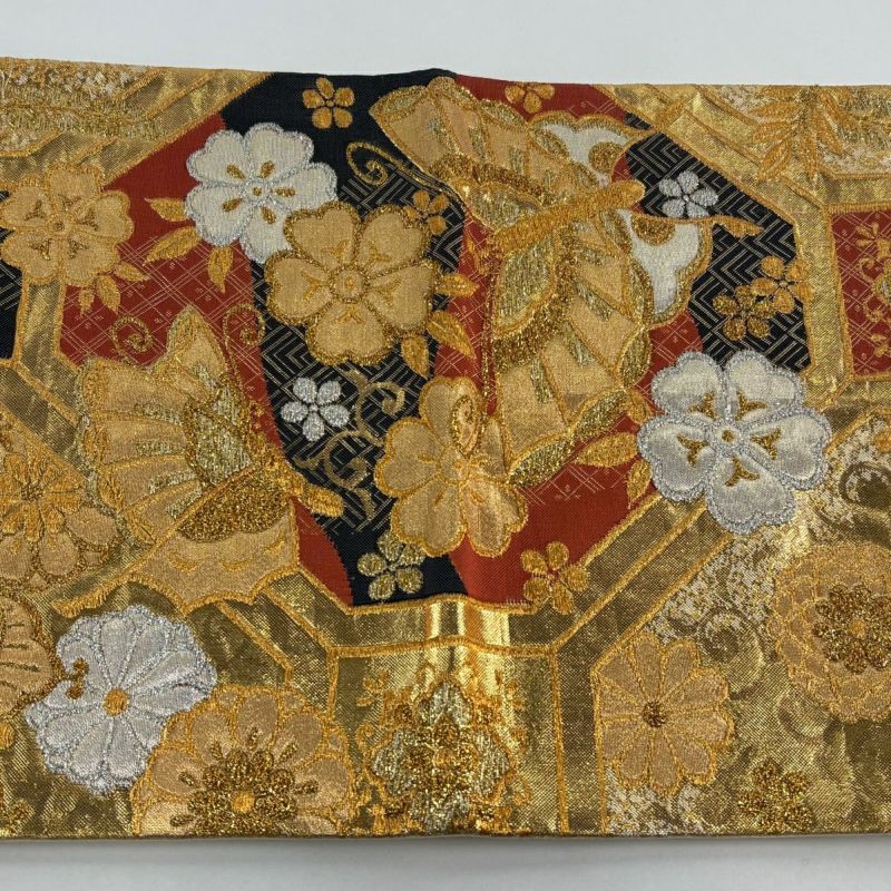 袋帯 秀品 関西仕立て 蝶 草花 金銀糸 箔 金色 六通 正絹｜中古・古着