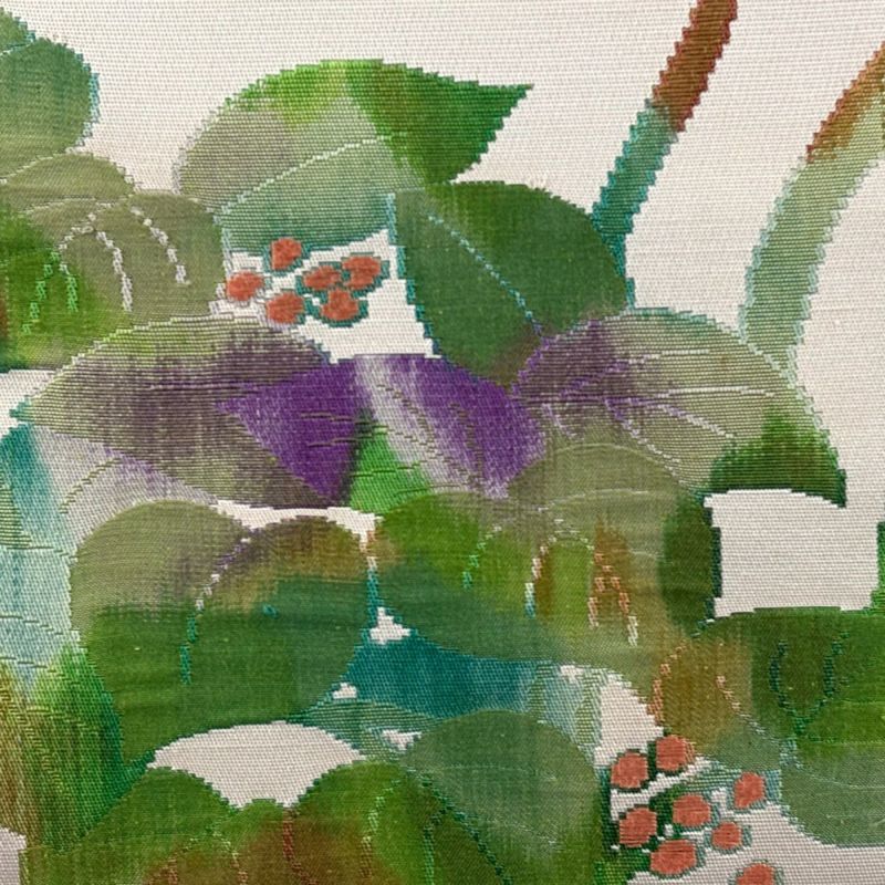 美品】 名古屋帯 秀品 松葉仕立て 八寸名古屋帯 紬地 葉と実 薄ピンク