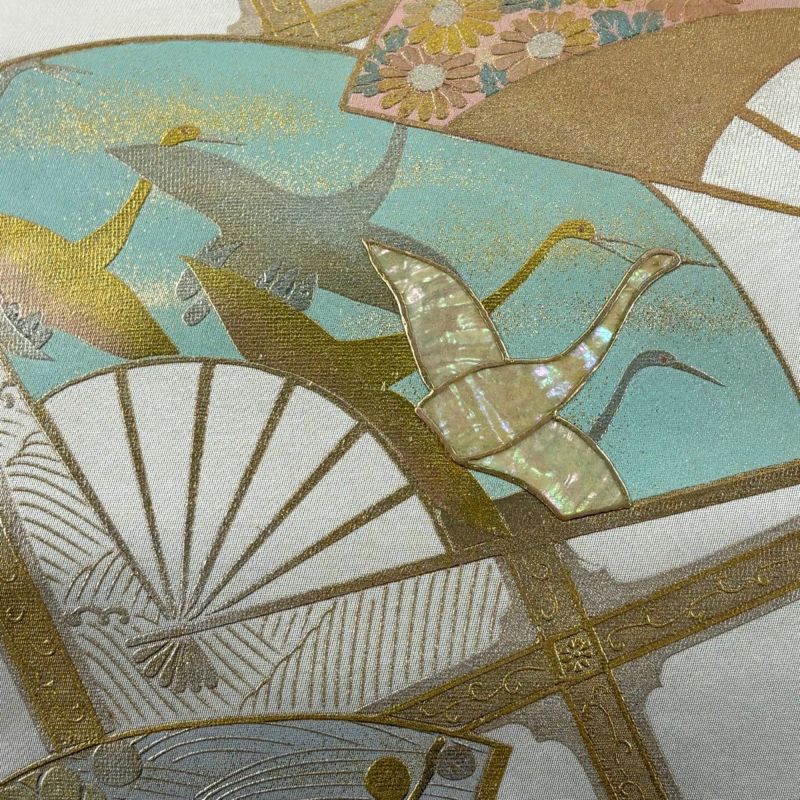 袋帯 秀品 扇 波 螺鈿 金銀彩 灰白 お太鼓柄 正絹｜中古・古着