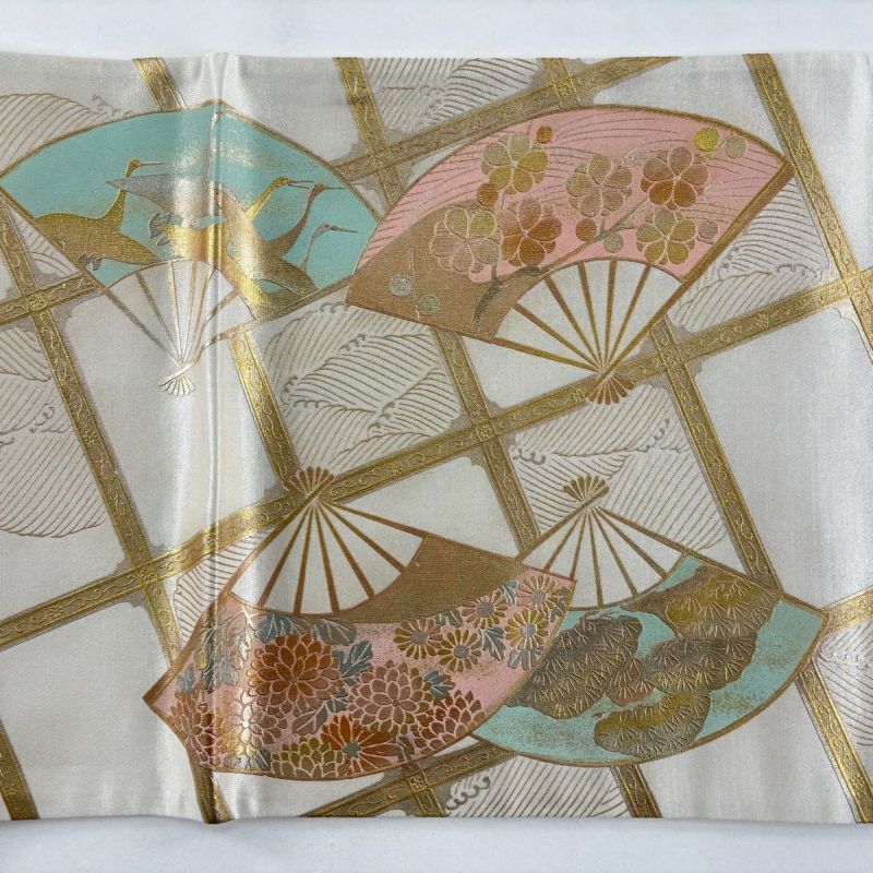 袋帯 秀品 扇 波 螺鈿 金銀彩 灰白 お太鼓柄 正絹｜中古・古着