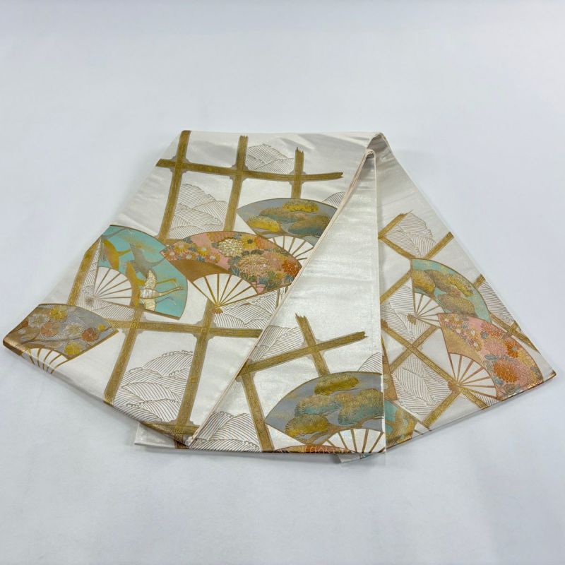 袋帯 秀品 扇 波 螺鈿 金銀彩 灰白 お太鼓柄 正絹｜中古・古着