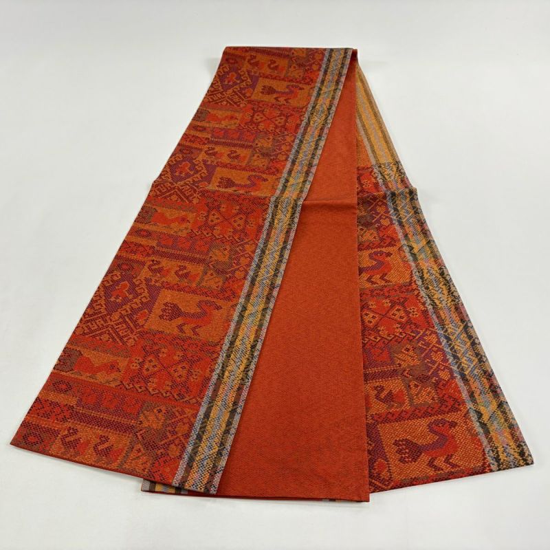 美品】 袋帯 秀品 紬地 関西仕立て 鳥 幾何学模様 茜色 六通 正絹