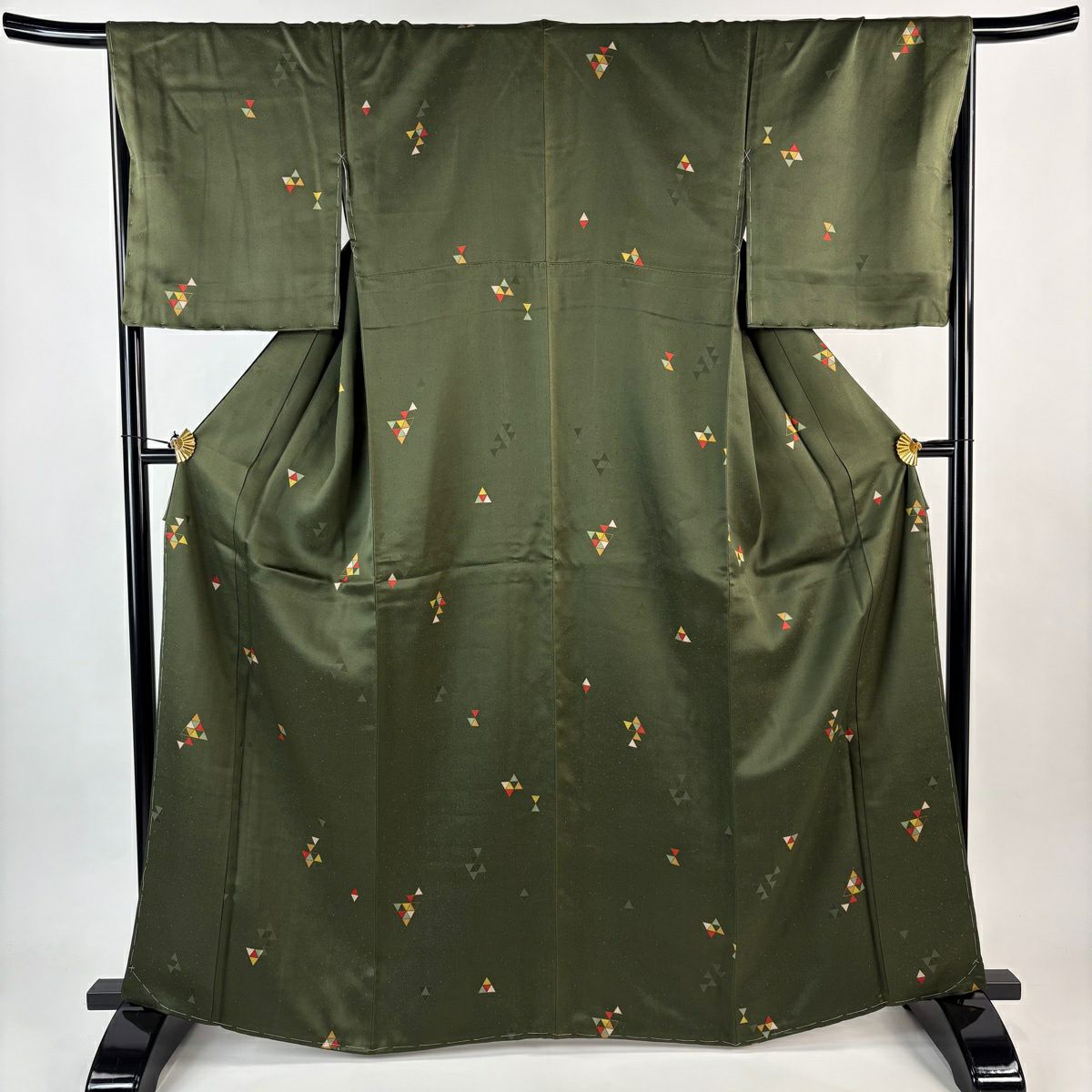 美品】 小紋 身丈162cm 裄丈67cm M 袷 落款あり 桜 誰が袖 金彩 深緑