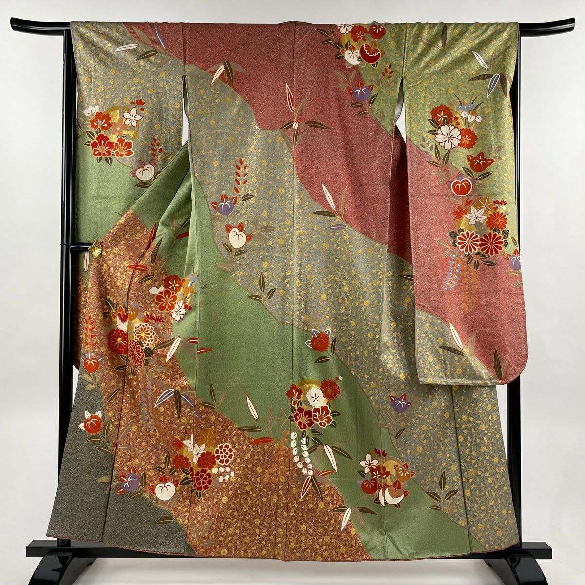 振袖 身丈169cm 裄丈66cm M 袷 草花 鳥 金糸 金彩 茶色 正絹