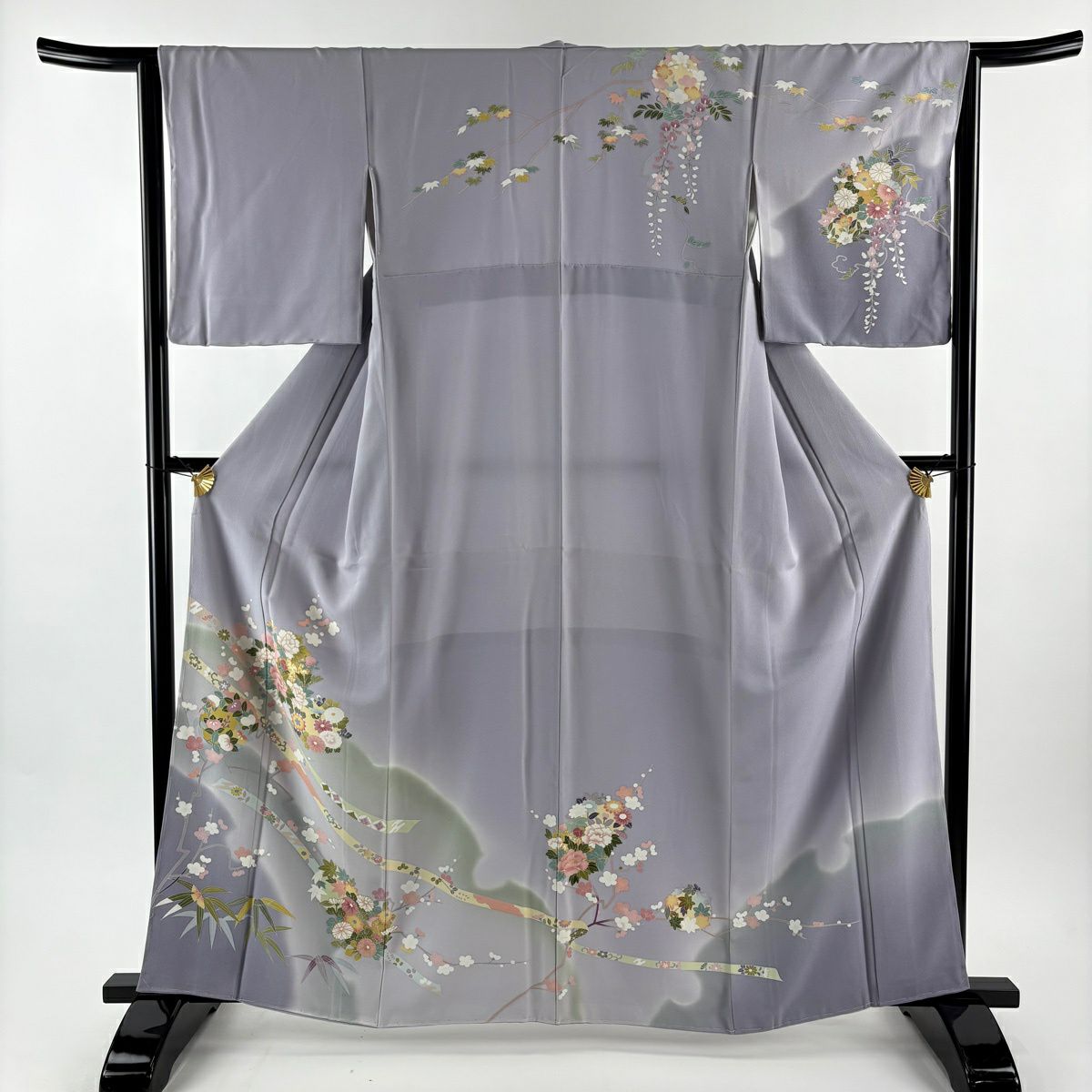 訪問着 身丈162cm 裄丈65cm M 袷 牡丹 菊 金彩 刺繍 薄オレンジ 正絹