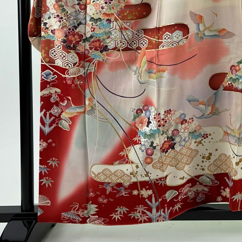 振袖 身丈158.5cm 裄丈64cm M 袷 花扇 鶴 金銀彩 染め分け 赤 正絹 秀