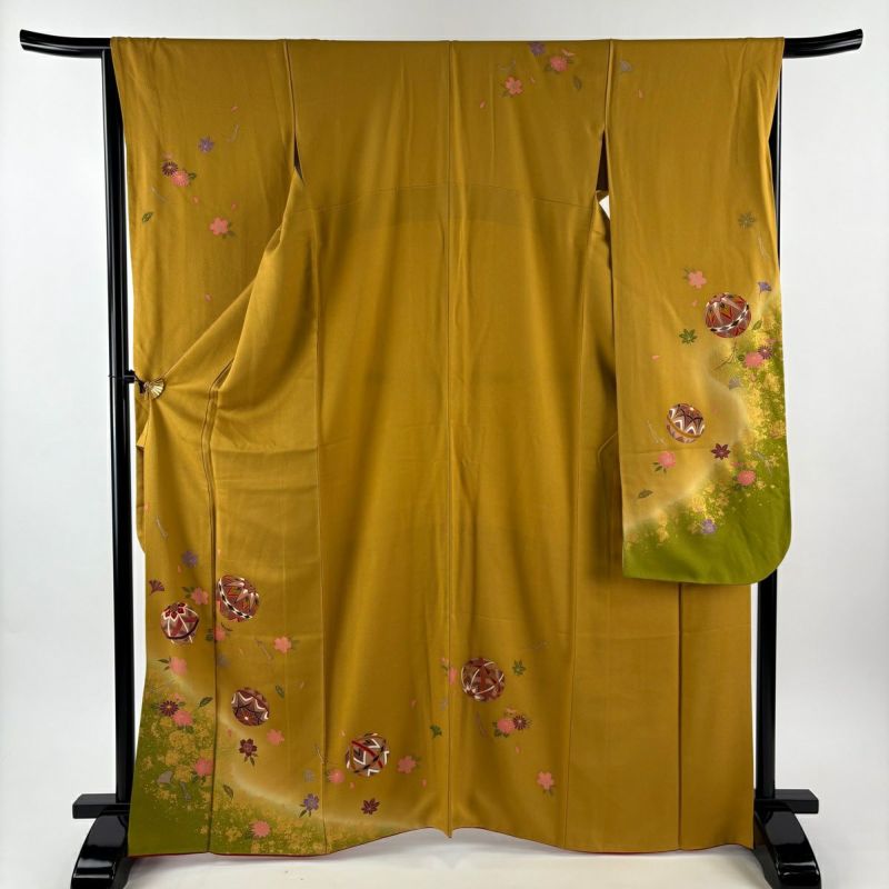 美品】 振袖 身丈166cm 裄丈66cm M 袷 手鞠 桜 金彩 染め分け 山吹茶色