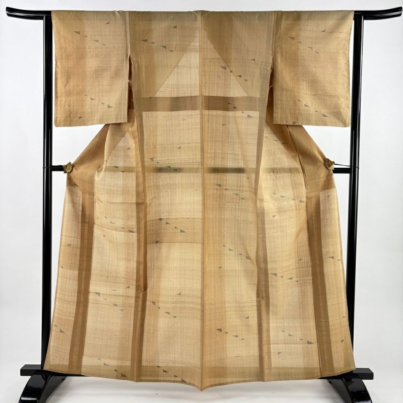 紬 身丈162cm 裄丈63cm S 薄物 夏紬 縞 幾何学 山吹茶色 正絹 秀品