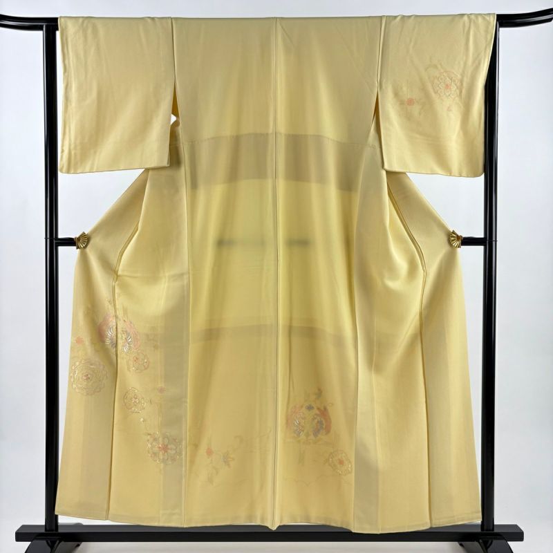 美品】 付下げ 身丈155.5cm 裄丈64cm M 袷 向かい鳥 華文 刺繍 黄色