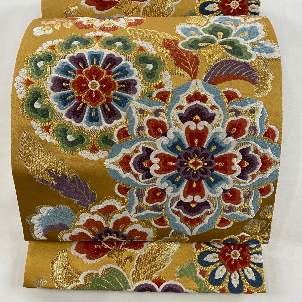 袋帯 美品 秀品 花車 草花 箔 唐織 ベージュ 六通 正絹|中古 袋帯 美品 秀品 花車 草花 箔 唐織 ベージュ 六通 正絹|中古