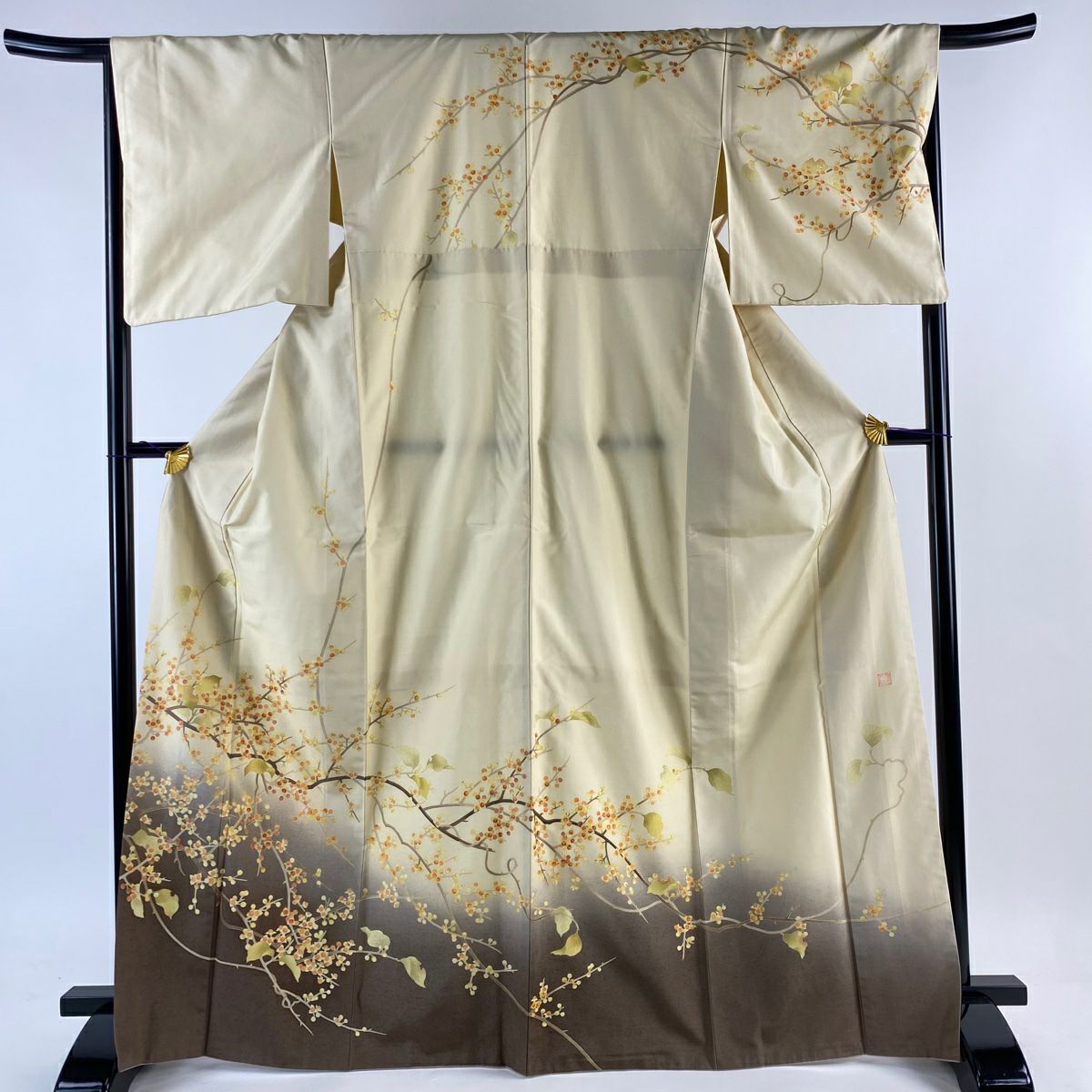 訪問着 身丈170cm 裄丈68cm L 袷 落款あり 枝花 鳥 染め分け 薄黄 正絹 美品 逸品 一つ紋|中古・古着・リサイクル着物通販|バイセル  オンライン