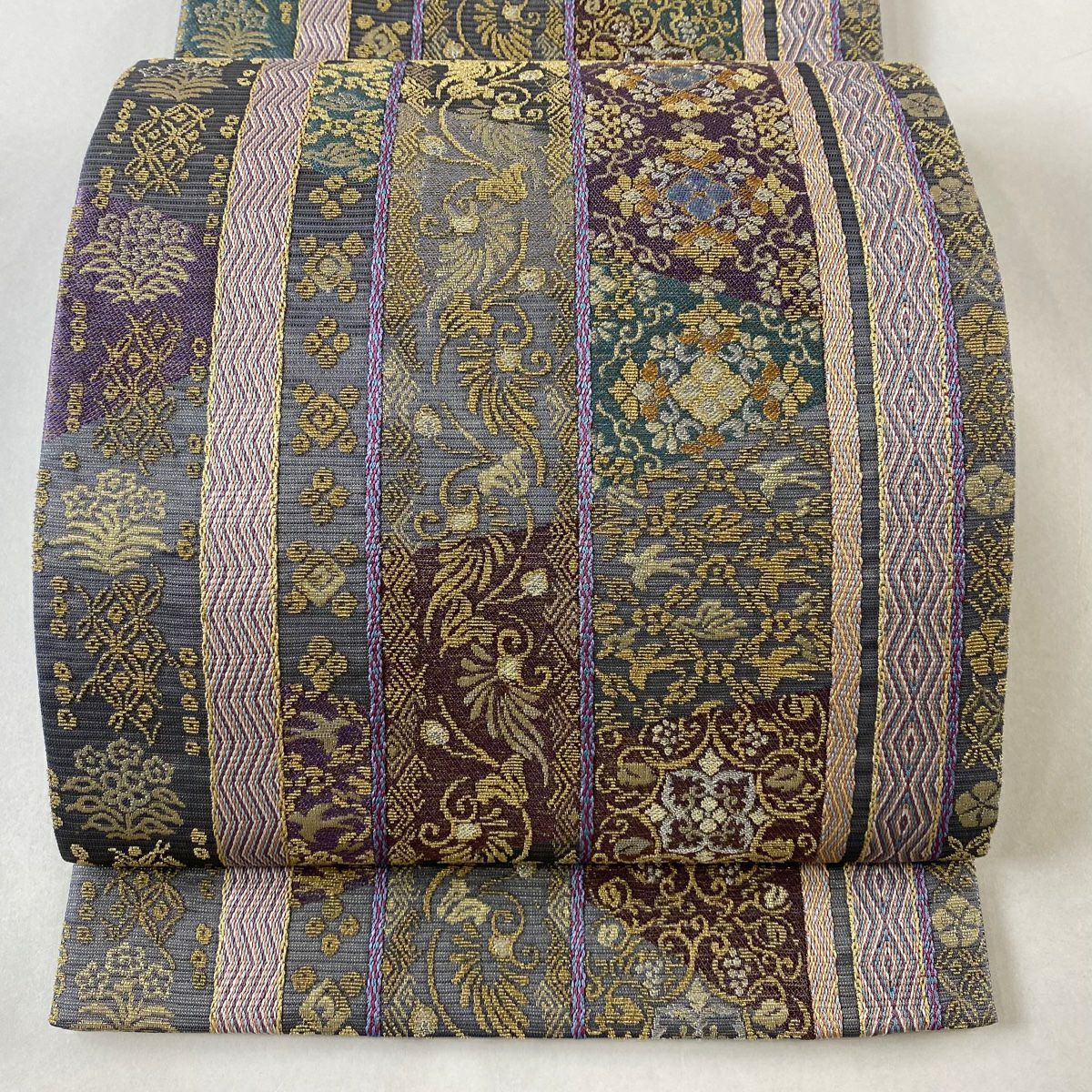 袋帯 美品 名品 華文 花唐草 箔 金銀糸 灰紫 六通 正絹｜中古