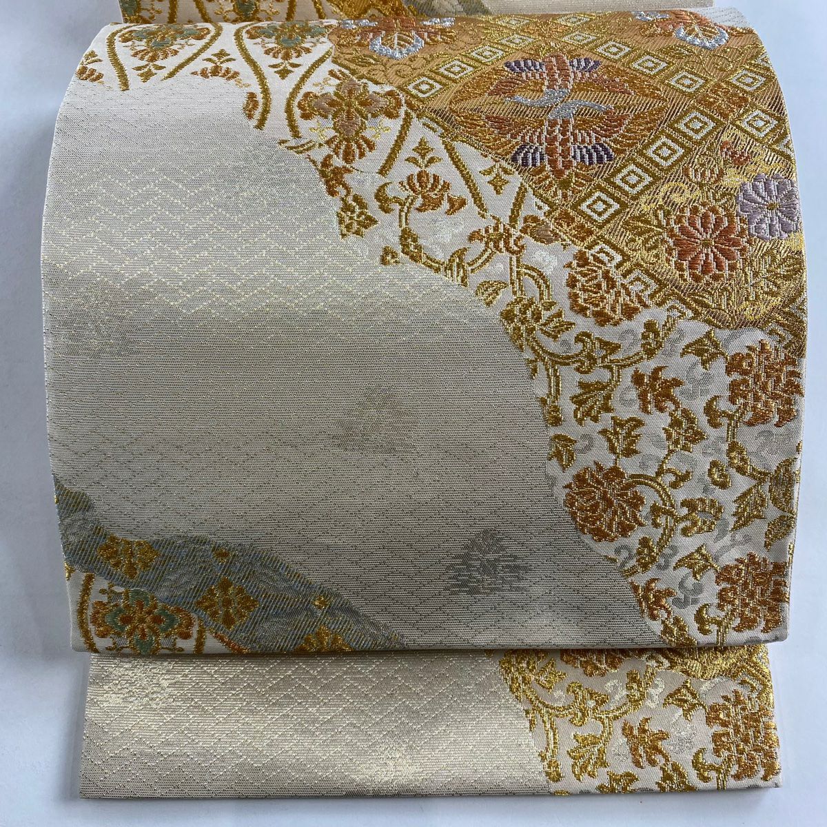 袋帯 美品 逸品 華文 寄せ柄 絽刺し 金銀糸 灰紫 全通 正絹|中古 袋帯 美品 逸品 華文 寄せ柄 絽刺し 金銀糸 灰紫 全通 正絹|中古