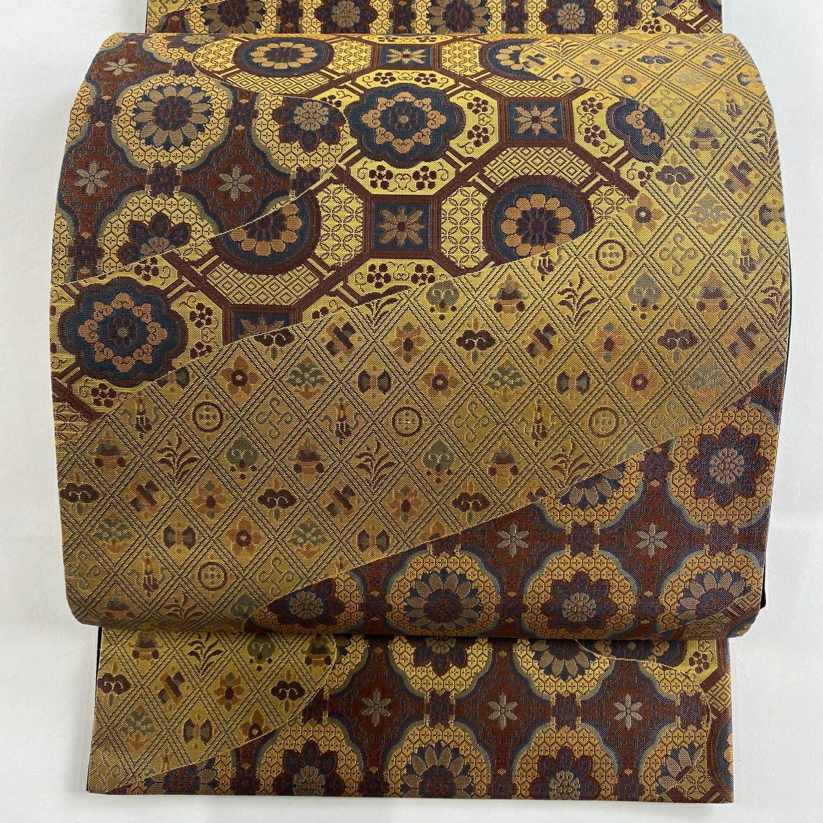 袋帯 美品 名品 蜀江文 華文 金糸 箔 青灰色 六通 正絹|中古 袋帯 美品 名品 蜀江文 華文 金糸 箔 青灰色 六通 正絹|中古