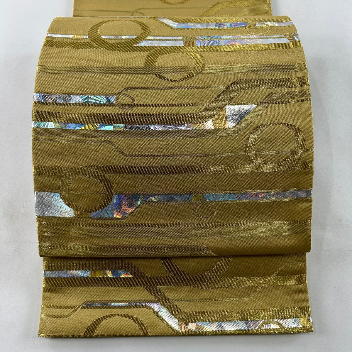 袋帯 秀品 波 幾何学模様 箔 金糸 えんじ色 六通 正絹|中古 袋帯 秀品 波 幾何学模様 箔 金糸 えんじ色 六通 正絹|中古