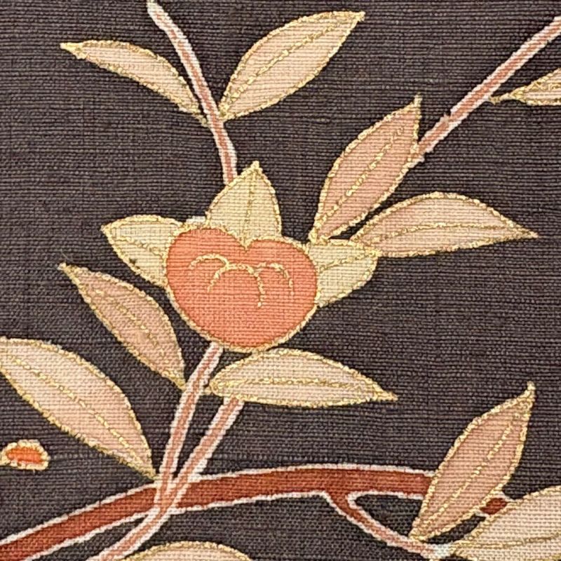 訪問着 身丈154cm 裄丈66.5cm M 袷 紬地 橘 金彩 刺繍 焦茶色 正絹 秀