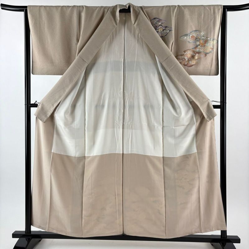 付下げ 身丈157cm 裄丈64.5cm M 袷 花鳥 霞 金彩 ピンクベージュ 正絹