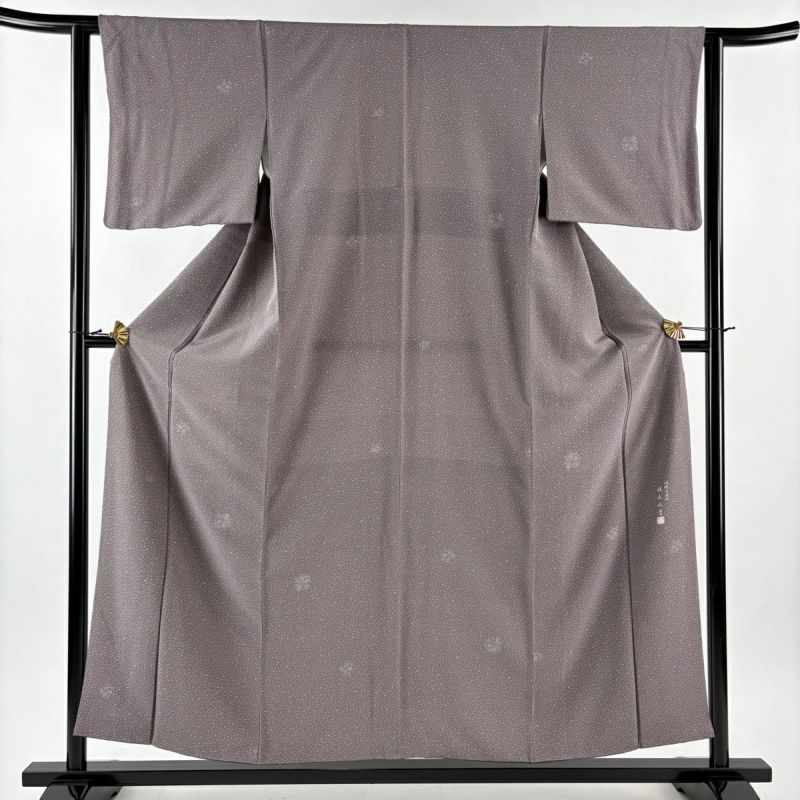 美品】 小紋 身丈154.5cm 裄丈62.5cm S 袷 落款あり 草花 幾何学 灰紫