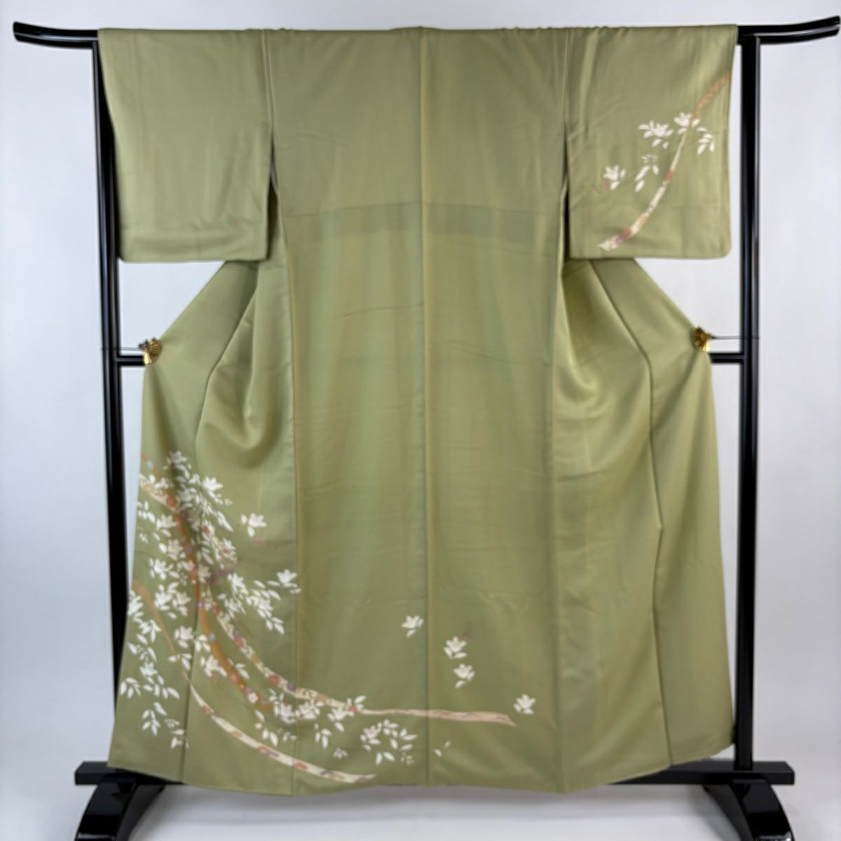 付下げ 身丈160cm 裄丈64cm M 袷 橘 蔓帯 刺繍 金彩 抹茶色 正絹 秀品