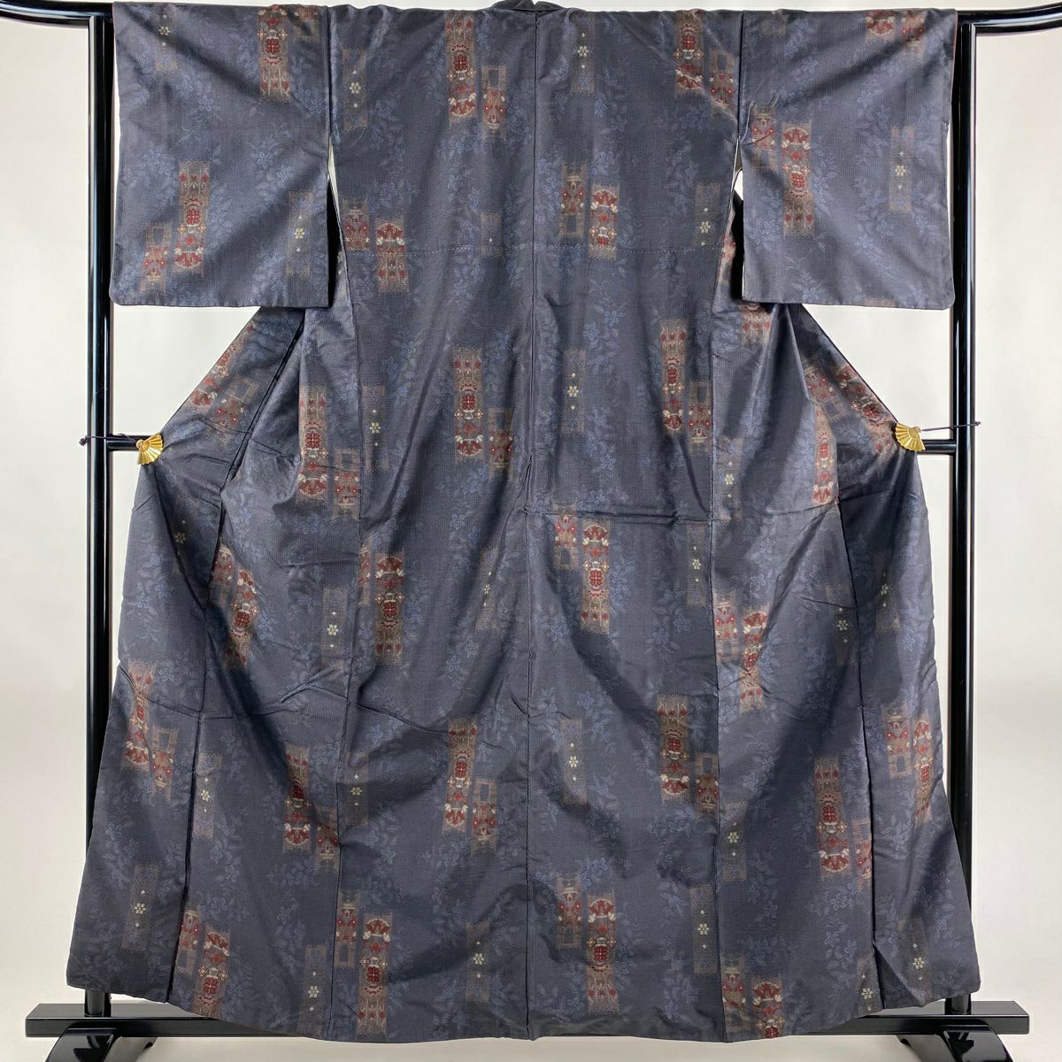 紬 身丈165cm 裄丈67cm M 単衣 バチ衿 縞 草花 藍色 正絹 優品