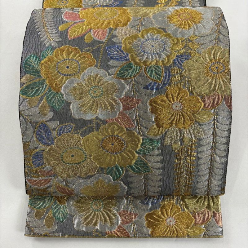美品】 袋帯 秀品 辻が花柄 金銀糸 箔 灰色 六通 正絹｜中古・古着