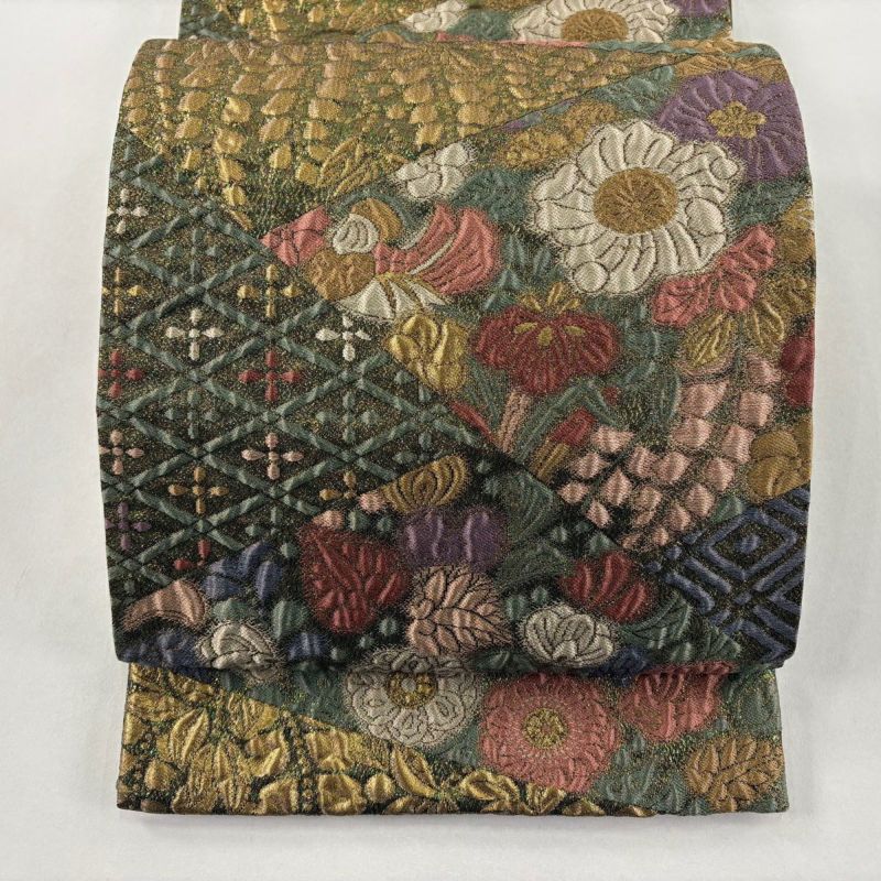 美品】 袋帯 秀品 裂取辻が花 金糸 箔 茶緑色 六通 正絹｜中古・古着