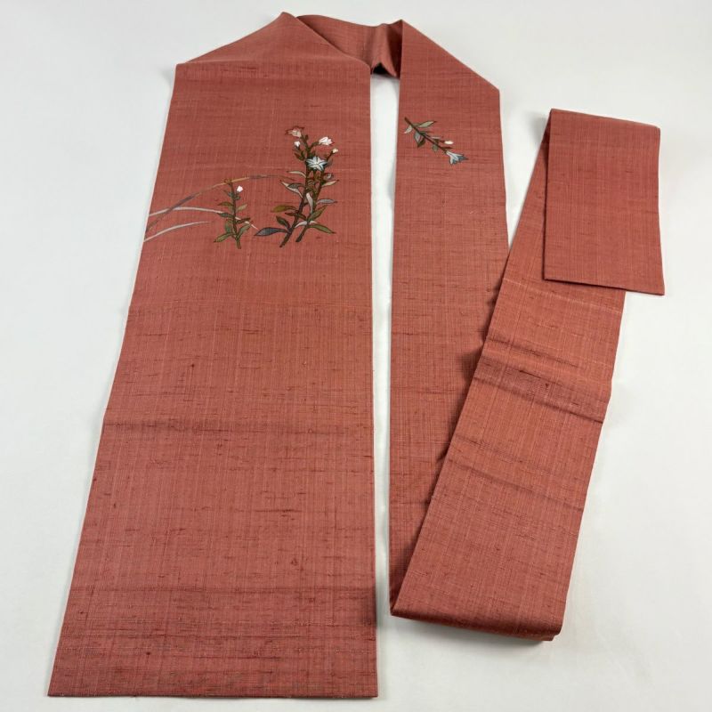 美品】 名古屋帯 秀品 紬地 草花 金彩 茜色 正絹｜中古・古着