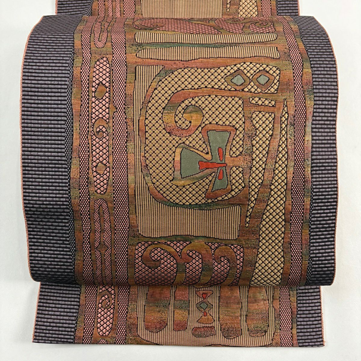 美品】 名古屋帯 優品 松葉仕立て 八寸名古屋帯 紬地 山並み 幾何学