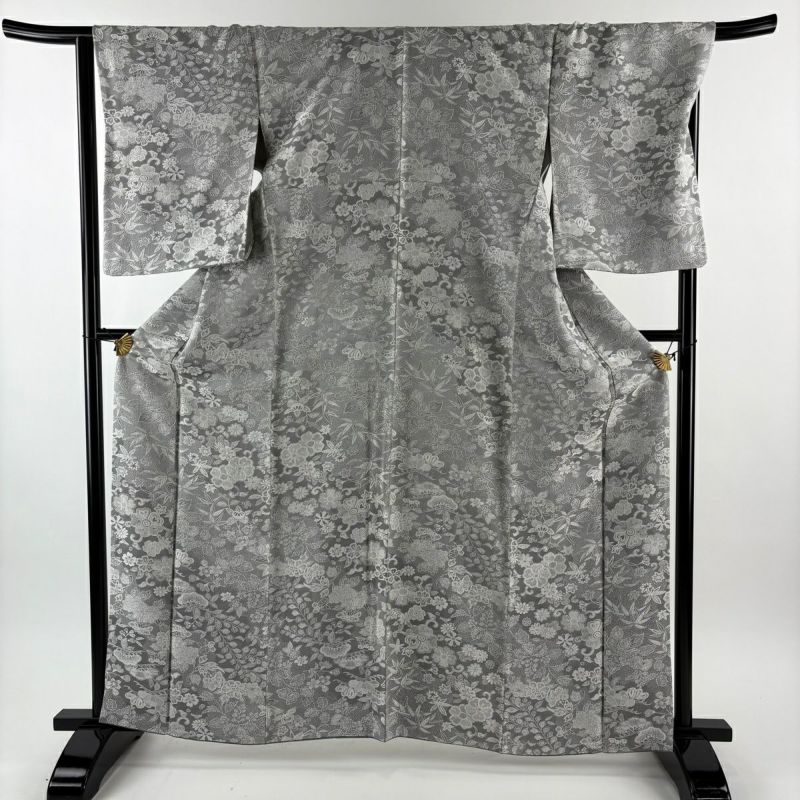 美品】 小紋 身丈162cm 裄丈67.5cm L 袷 笠松 花唐草 紋意匠 灰色 正絹