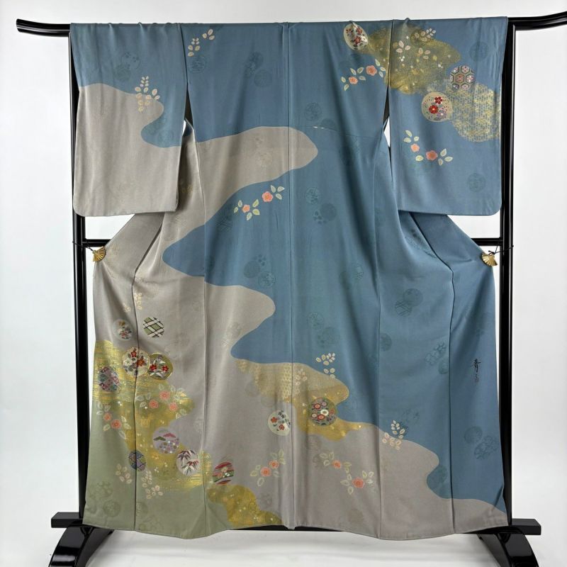 訪問着 身丈160.5cm 裄丈66.5cm M 袷 松井青々 落款あり 草花 霞 絞り