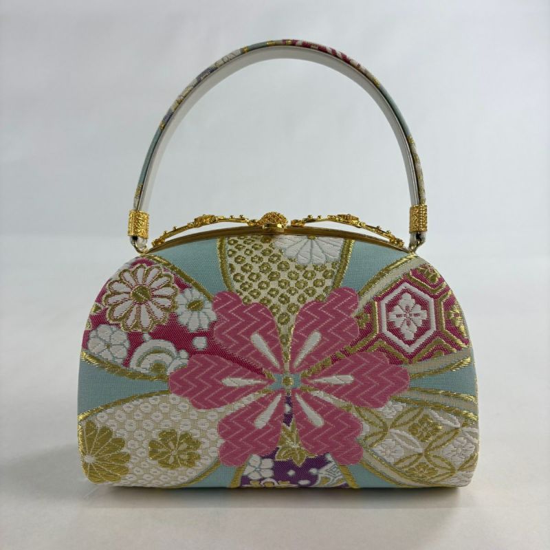 和装バッグ 優品 フォーマル 花柄 亀甲 金糸 水色 正絹 和装小物｜中古