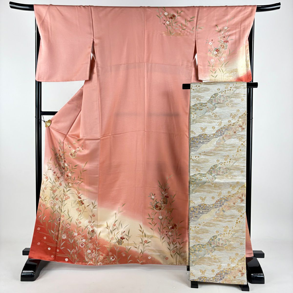 付下げ 身丈161cm 裄丈64.5cm M 袷 袋帯セット 雪輪 草花 金銀彩