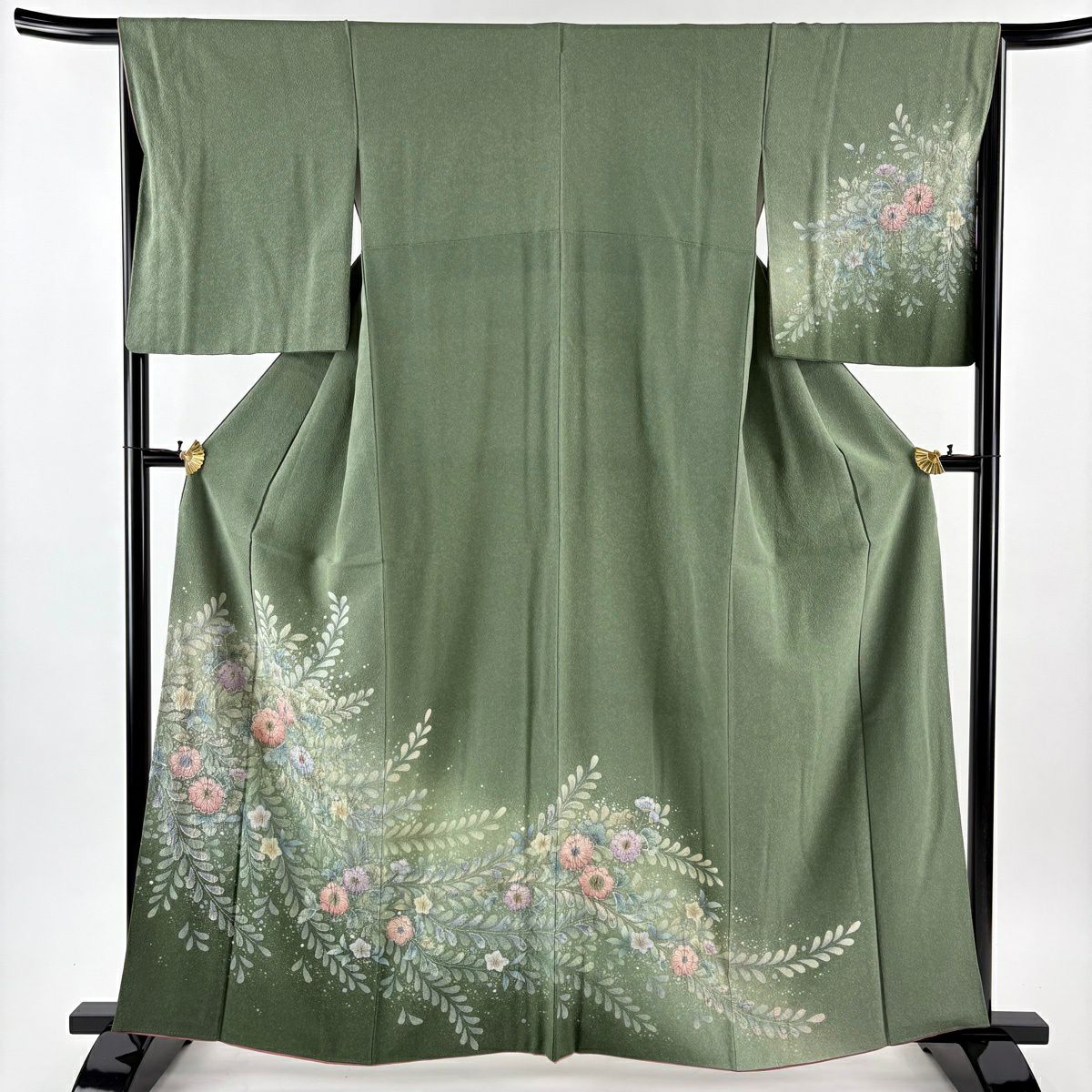 K*U様 【オークション】裄丈70cm 訪問着フルセット くすみ緑風景　正絹 袷 訪問着 身丈163cm 裄丈67cm M 袷 扇 草花 金彩 灰紫 正絹 秀品｜中古