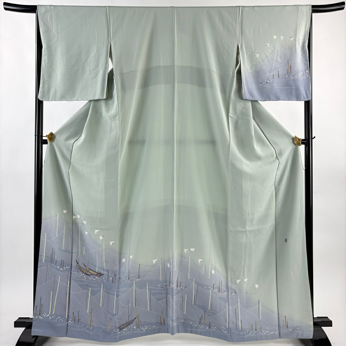 訪問着 身丈154cm 裄丈65.5cm M 袷 落款あり 椿 鴛鴦 ぼかし 薄緑 正絹