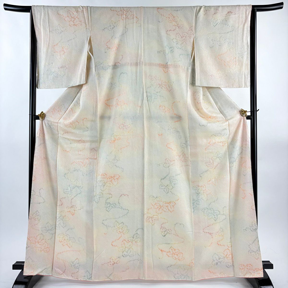 美品】 小紋 身丈166cm 裄丈65cm M 袷 草花 総絞り クリーム 正絹 秀品