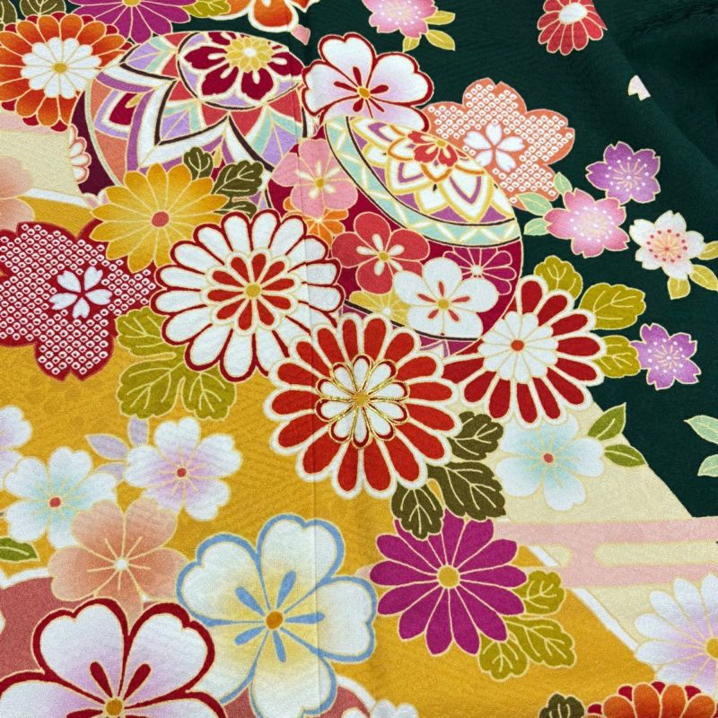 振袖 身丈168cm 裄丈70cm L 袷 鈴乃屋 鞠 桜 金糸 深緑 正絹 名品