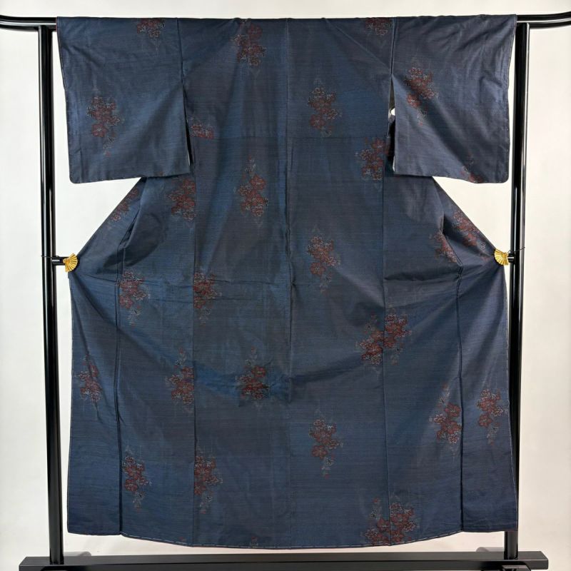 美品】 大島紬 身丈154.5cm 裄丈61cm S 袷 やまと 証紙あり 草花 紺色