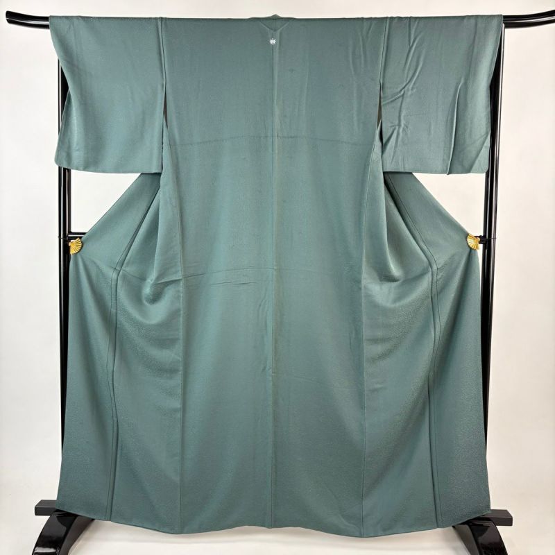 色無地 身丈162cm 裄丈67cm M 袷 地紋 灰緑 正絹 優品 一つ紋｜中古