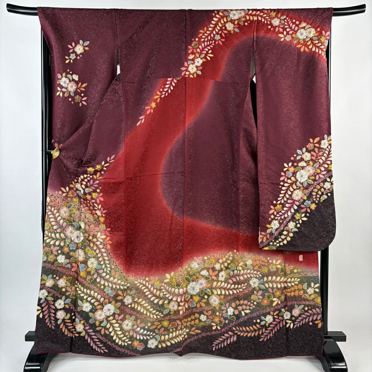 【杏ちゃん】裾引き　中振袖　紗袷　縮緬　舞台着物　身丈208　卵色地に薄物 美品】 振袖 身丈166.5cm 裄丈67.5cm L 袷 徳永憲峯 落款あり 辻が花