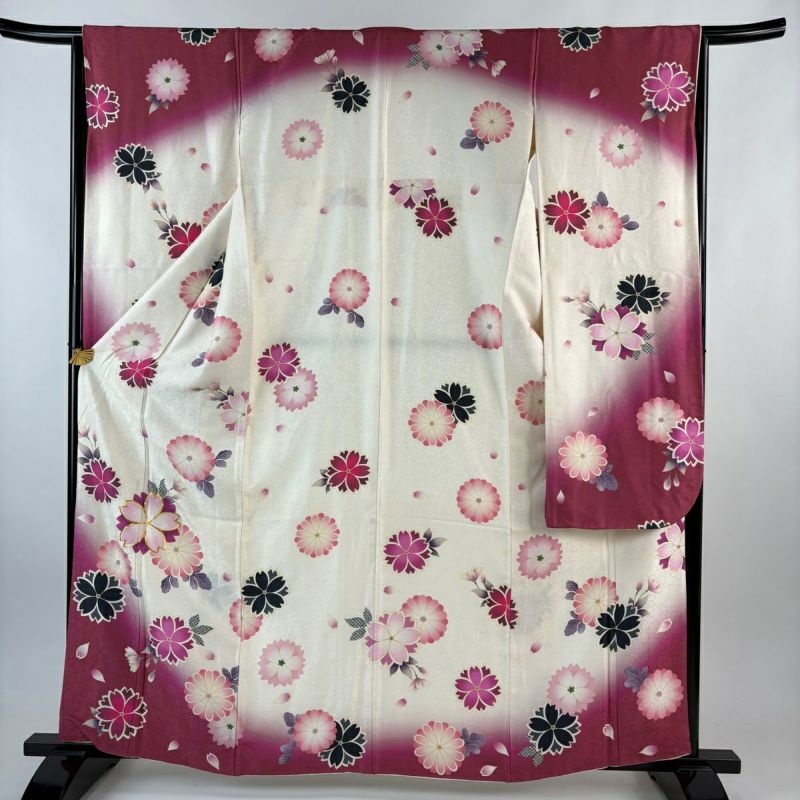 振袖 身丈161cm 裄丈66cm M 袷 桜 菊 金糸 金彩 クリーム 正絹 名品
