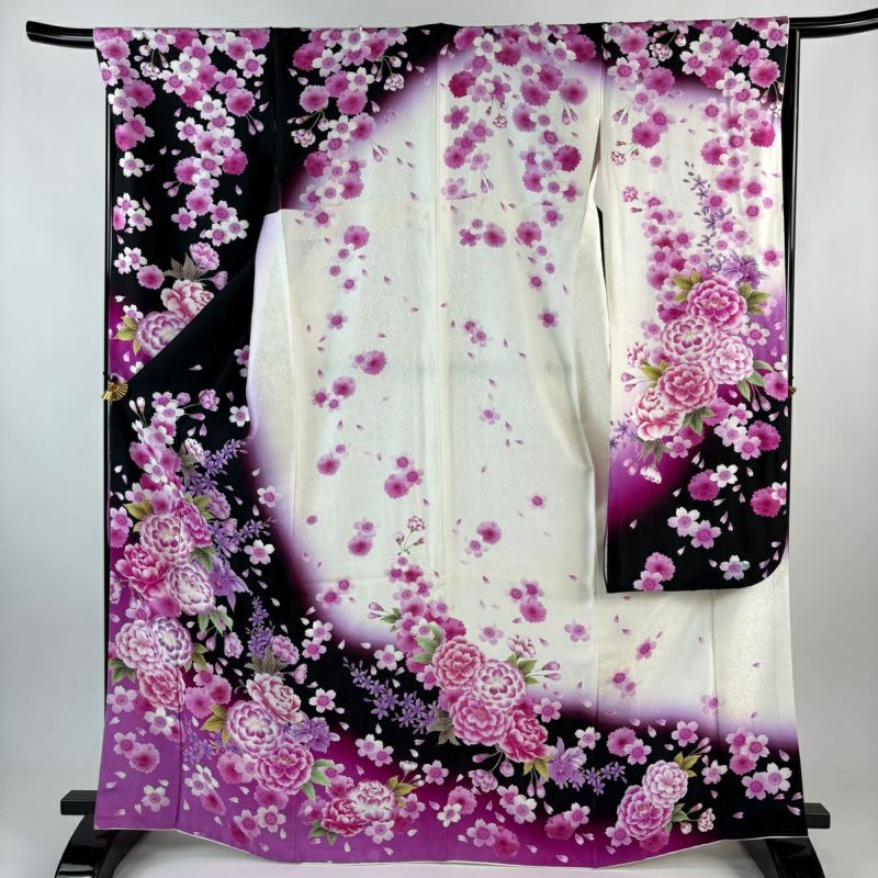 振袖 身丈167cm 裄丈68cm L 袷 桜 牡丹 ぼかし 染め分け 黒 正絹 名品