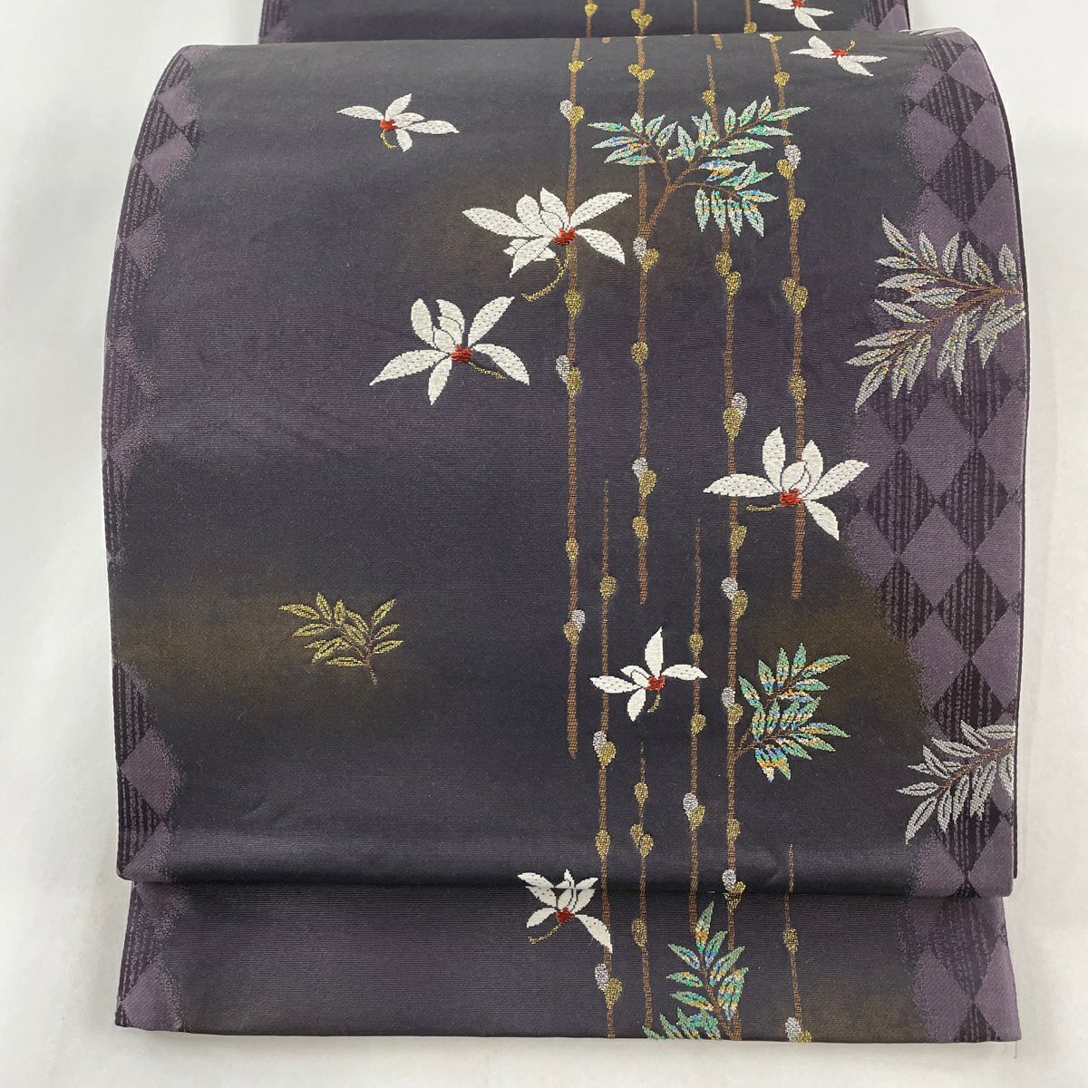 袋帯 逸品 龍匠錦 枝花 刺繍 箔 濃紫 六通 正絹|中古・古着